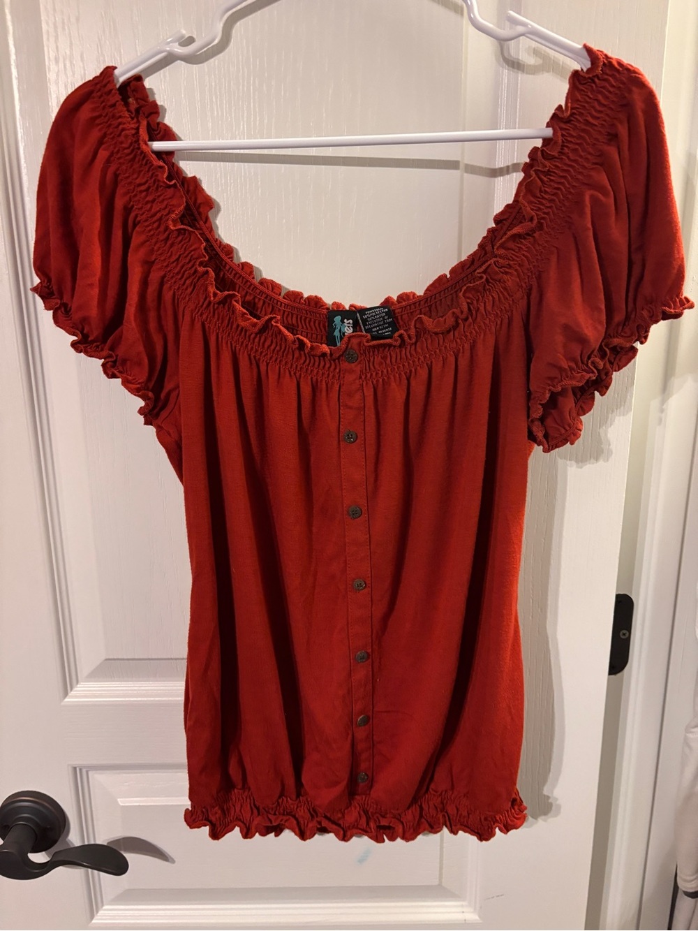 Weavers Red Off-Shoulder Button-Front Blouse
